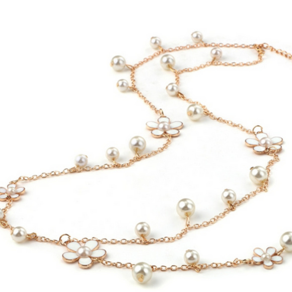 Flower Pearl Long Necklace boho chain jewelry - Picture 3 of 7